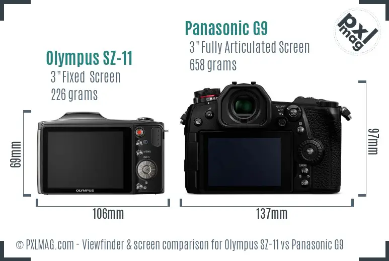 Olympus SZ-11 vs Panasonic G9 Screen and Viewfinder comparison