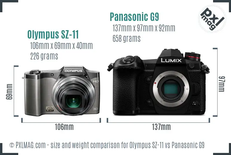 Olympus SZ-11 vs Panasonic G9 size comparison