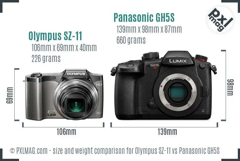 Olympus SZ-11 vs Panasonic GH5S size comparison