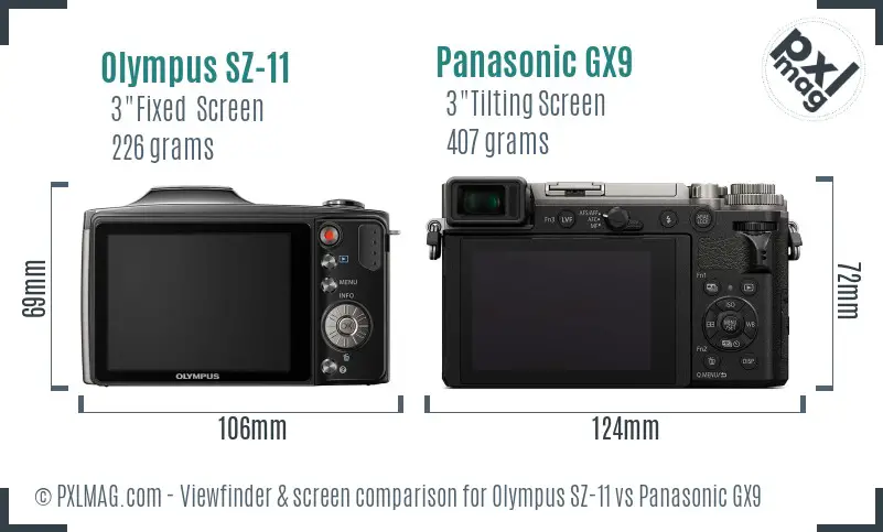 Olympus SZ-11 vs Panasonic GX9 Screen and Viewfinder comparison