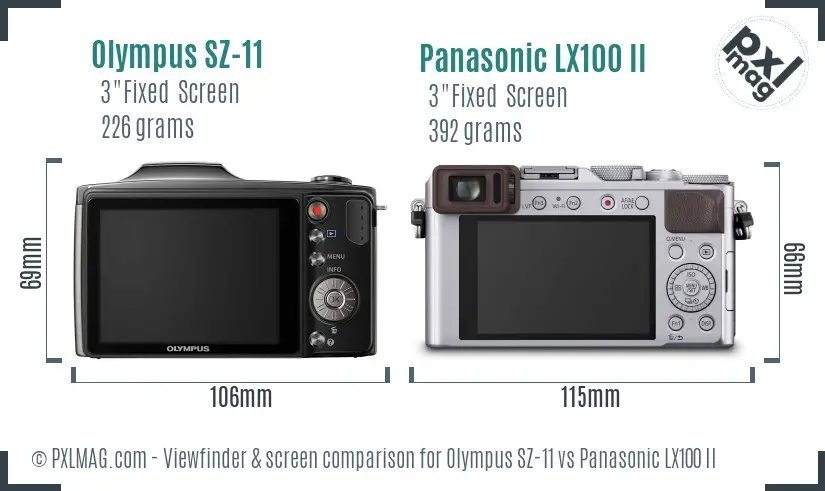 Olympus SZ-11 vs Panasonic LX100 II Screen and Viewfinder comparison