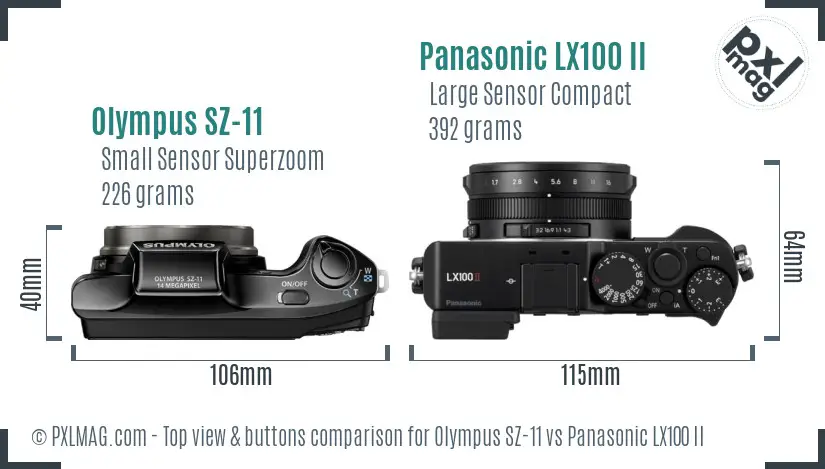 Olympus SZ-11 vs Panasonic LX100 II top view buttons comparison