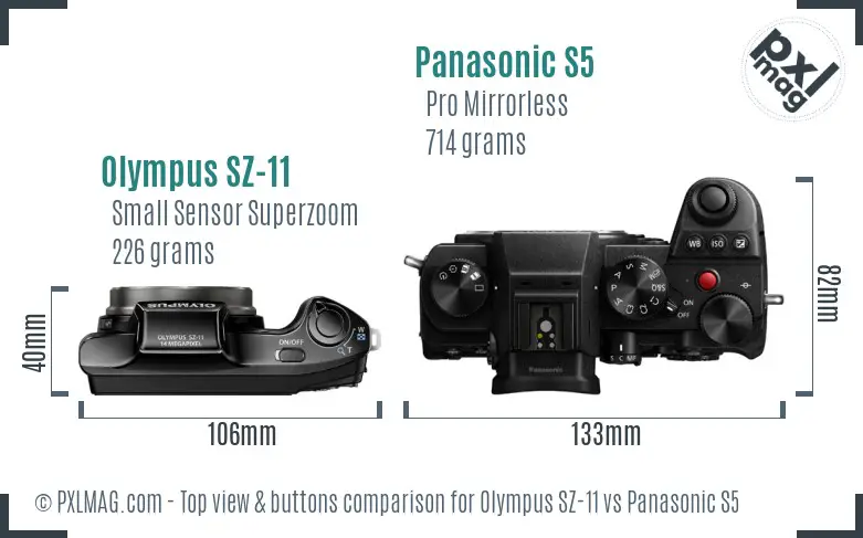 Olympus SZ-11 vs Panasonic S5 top view buttons comparison