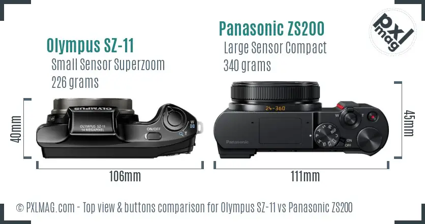 Olympus SZ-11 vs Panasonic ZS200 top view buttons comparison