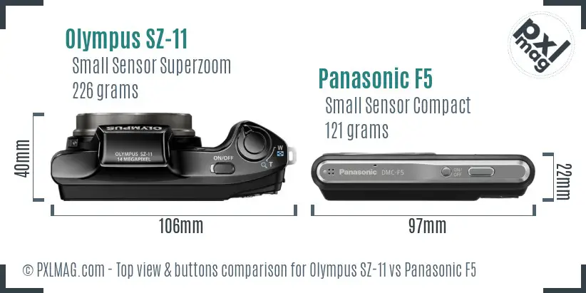 Olympus SZ-11 vs Panasonic F5 top view buttons comparison