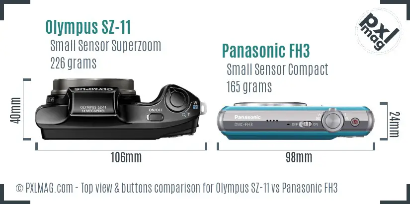 Olympus SZ-11 vs Panasonic FH3 top view buttons comparison