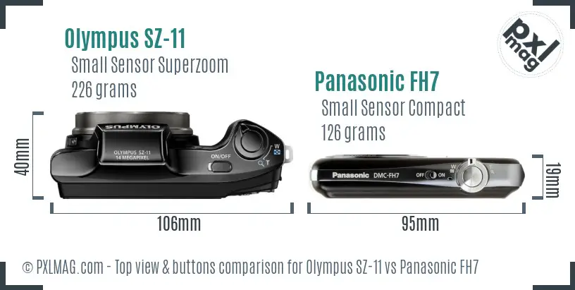 Olympus SZ-11 vs Panasonic FH7 top view buttons comparison
