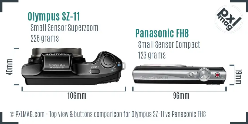Olympus SZ-11 vs Panasonic FH8 top view buttons comparison