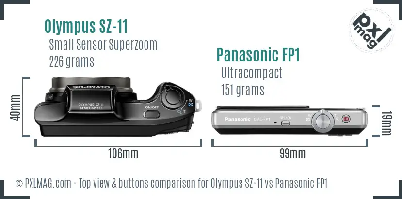 Olympus SZ-11 vs Panasonic FP1 top view buttons comparison