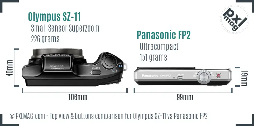 Olympus SZ-11 vs Panasonic FP2 top view buttons comparison