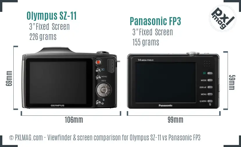 Olympus SZ-11 vs Panasonic FP3 Screen and Viewfinder comparison