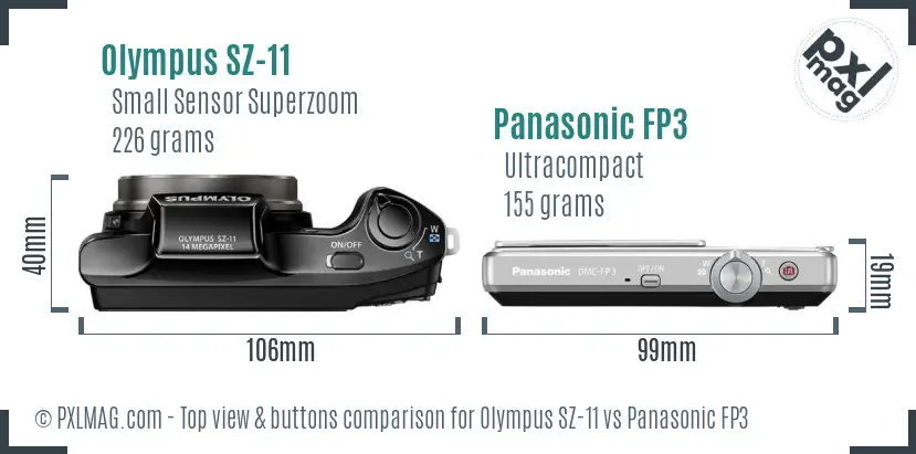 Olympus SZ-11 vs Panasonic FP3 top view buttons comparison