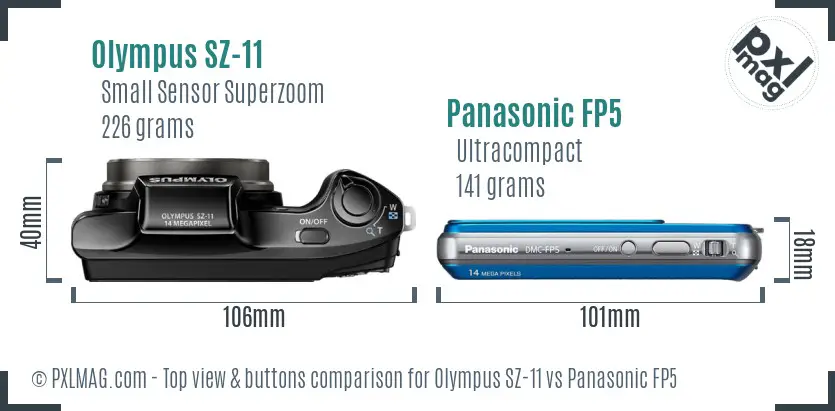 Olympus SZ-11 vs Panasonic FP5 top view buttons comparison
