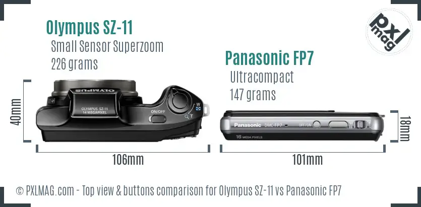 Olympus SZ-11 vs Panasonic FP7 top view buttons comparison