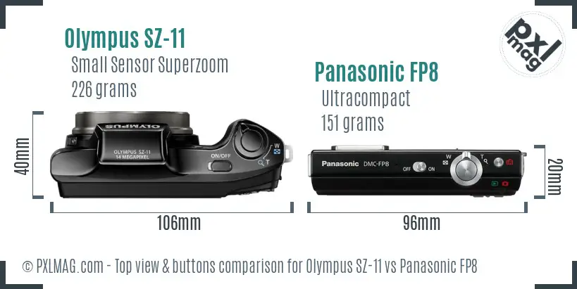 Olympus SZ-11 vs Panasonic FP8 top view buttons comparison