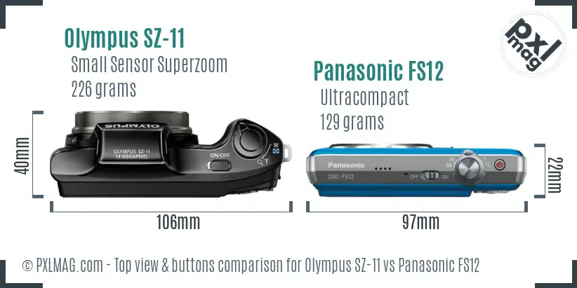 Olympus SZ-11 vs Panasonic FS12 top view buttons comparison