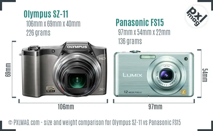 Olympus SZ-11 vs Panasonic FS15 size comparison