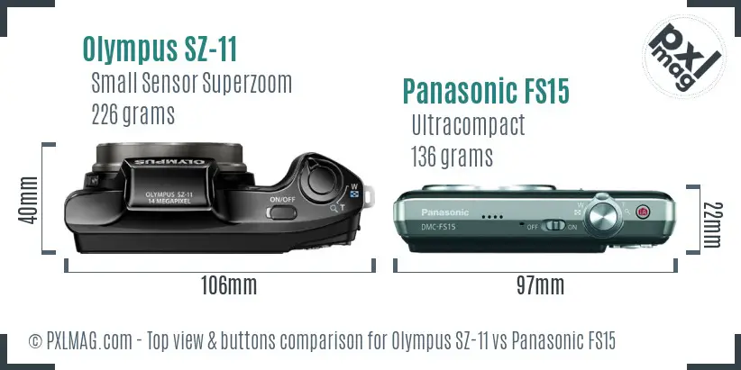 Olympus SZ-11 vs Panasonic FS15 top view buttons comparison