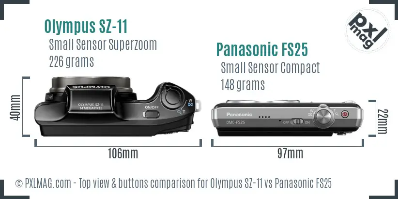 Olympus SZ-11 vs Panasonic FS25 top view buttons comparison