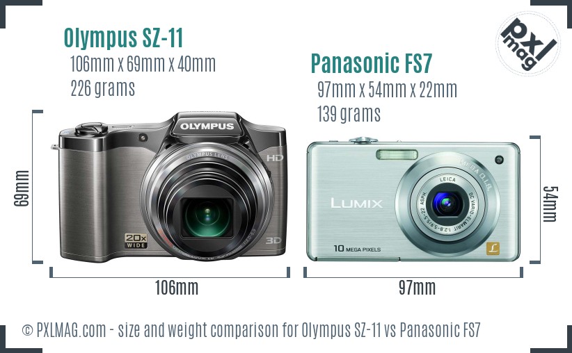 Olympus SZ-11 vs Panasonic FS7 size comparison