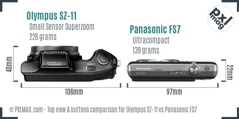 Olympus SZ-11 vs Panasonic FS7 top view buttons comparison