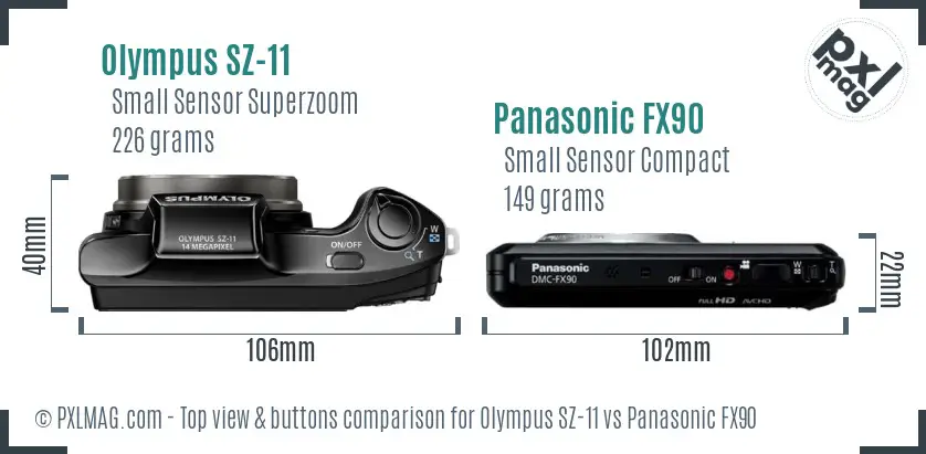 Olympus SZ-11 vs Panasonic FX90 top view buttons comparison