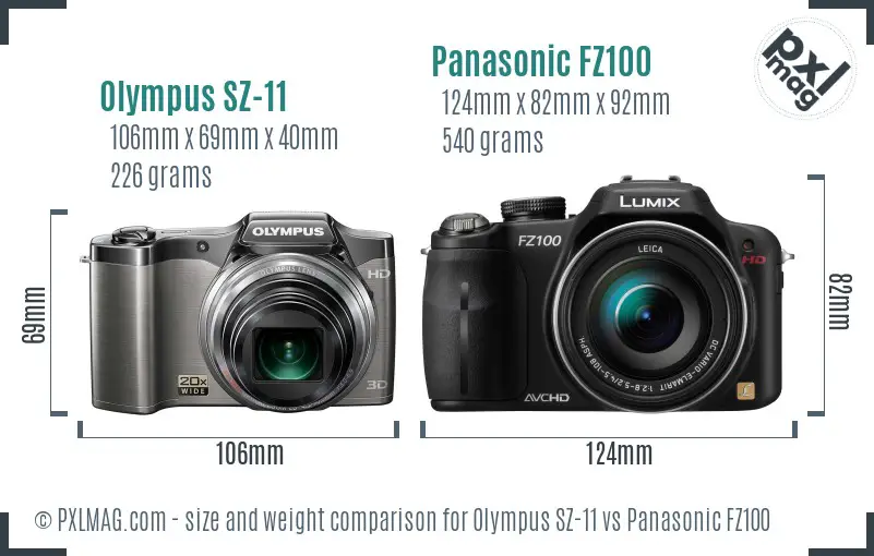 Olympus SZ-11 vs Panasonic FZ100 size comparison