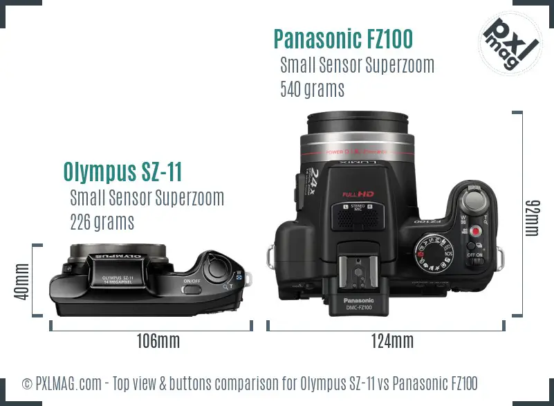 Olympus SZ-11 vs Panasonic FZ100 top view buttons comparison