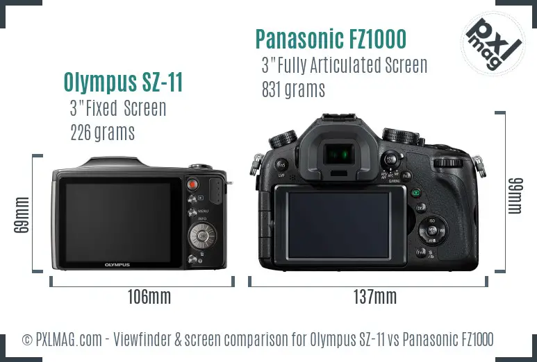 Olympus SZ-11 vs Panasonic FZ1000 Screen and Viewfinder comparison