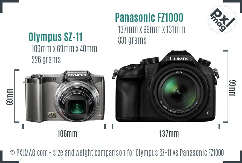 Olympus SZ-11 vs Panasonic FZ1000 size comparison