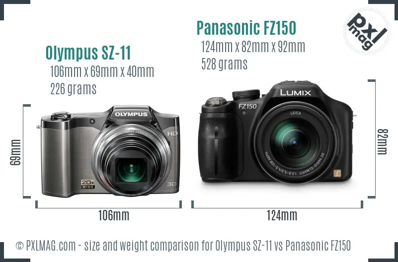 Olympus SZ-11 vs Panasonic FZ150 size comparison Olympus SZ-11 vs Panasonic FZ150 size comparison
