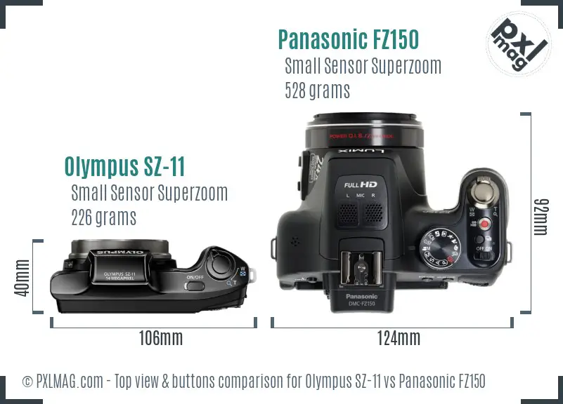 Olympus SZ-11 vs Panasonic FZ150 top view buttons comparison Olympus SZ-11 vs Panasonic FZ150 top view buttons comparison
