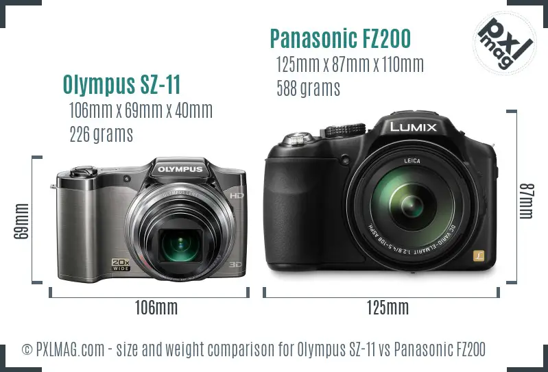 Olympus SZ-11 vs Panasonic FZ200 size comparison
