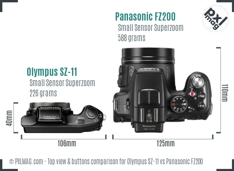 Olympus SZ-11 vs Panasonic FZ200 top view buttons comparison
