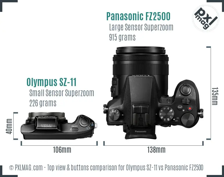Olympus SZ-11 vs Panasonic FZ2500 top view buttons comparison Olympus SZ-11 vs Panasonic FZ2500 top view buttons comparison