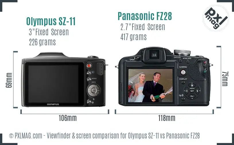 Olympus SZ-11 vs Panasonic FZ28 Screen and Viewfinder comparison