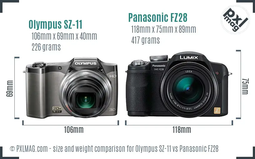 Olympus SZ-11 vs Panasonic FZ28 size comparison