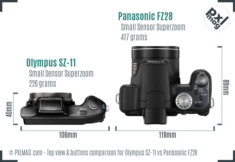 Olympus SZ-11 vs Panasonic FZ28 top view buttons comparison