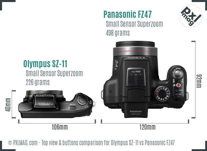 Olympus SZ-11 vs Panasonic FZ47 top view buttons comparison Olympus SZ-11 vs Panasonic FZ47 top view buttons comparison