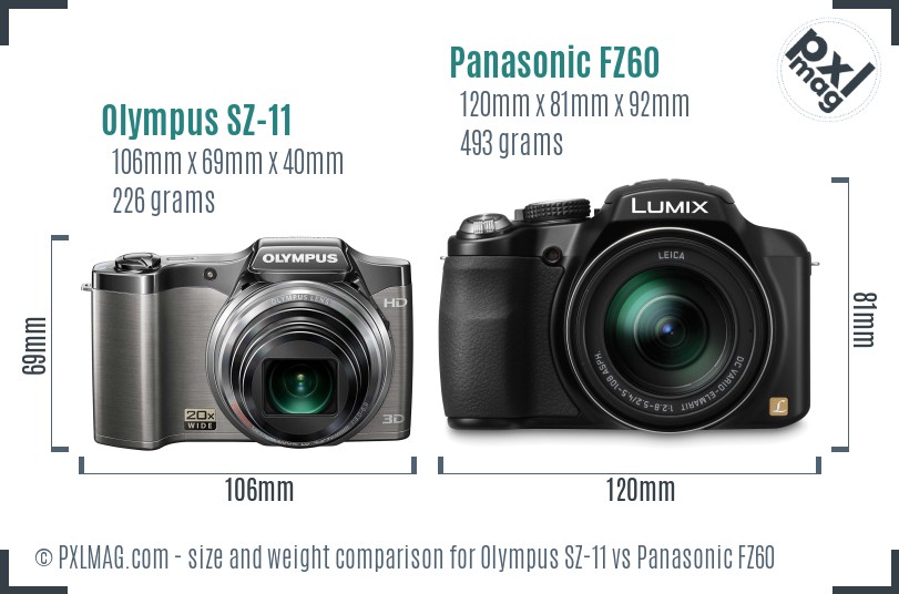 Olympus SZ-11 vs Panasonic FZ60 size comparison