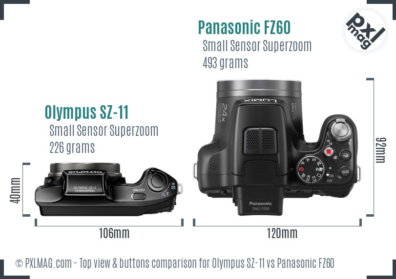 Olympus SZ-11 vs Panasonic FZ60 top view buttons comparison