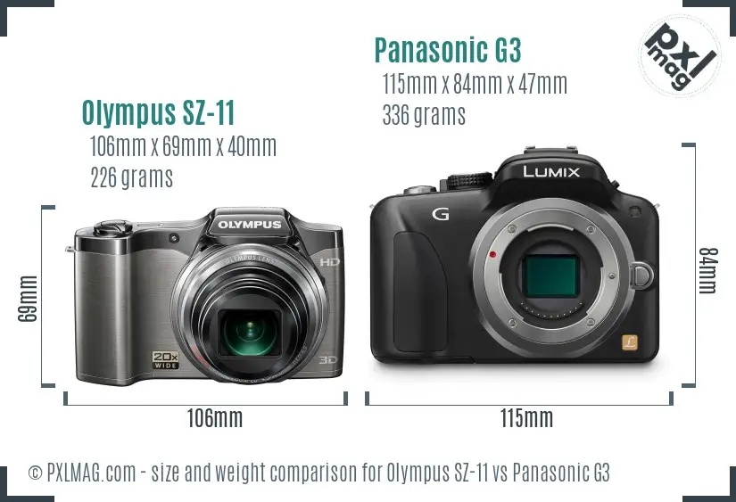 Olympus SZ-11 vs Panasonic G3 size comparison