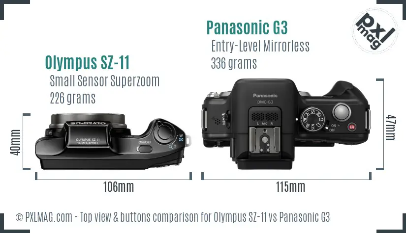 Olympus SZ-11 vs Panasonic G3 top view buttons comparison