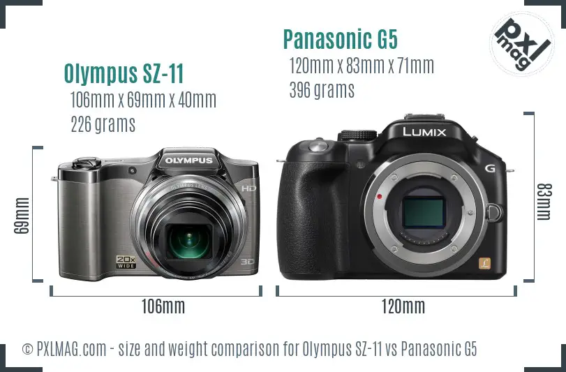 Olympus SZ-11 vs Panasonic G5 size comparison