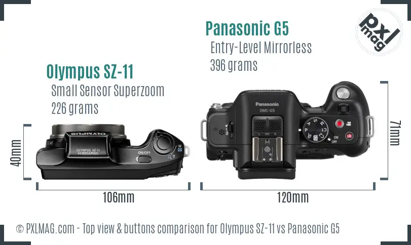 Olympus SZ-11 vs Panasonic G5 top view buttons comparison