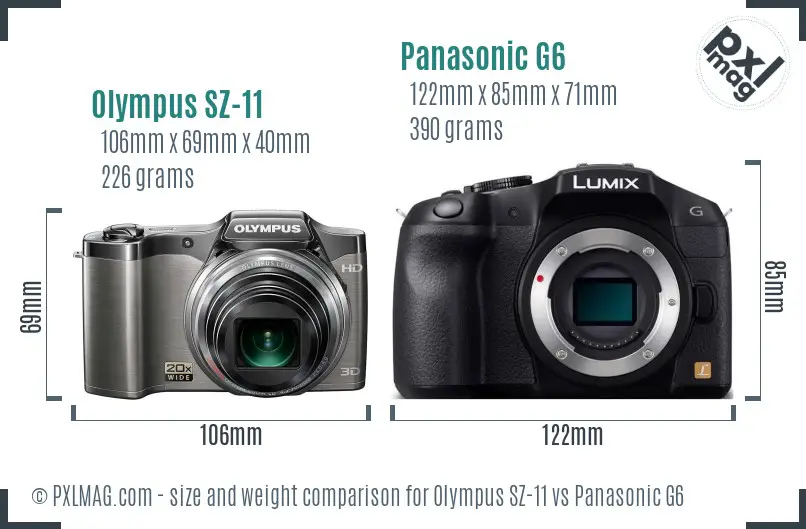 Olympus SZ-11 vs Panasonic G6 size comparison