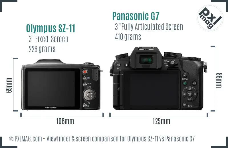 Olympus SZ-11 vs Panasonic G7 Screen and Viewfinder comparison