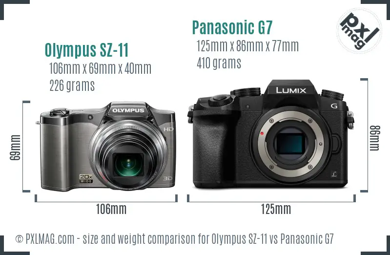 Olympus SZ-11 vs Panasonic G7 size comparison