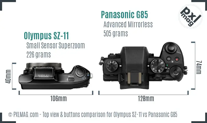 Olympus SZ-11 vs Panasonic G85 top view buttons comparison Olympus SZ-11 vs Panasonic G85 top view buttons comparison