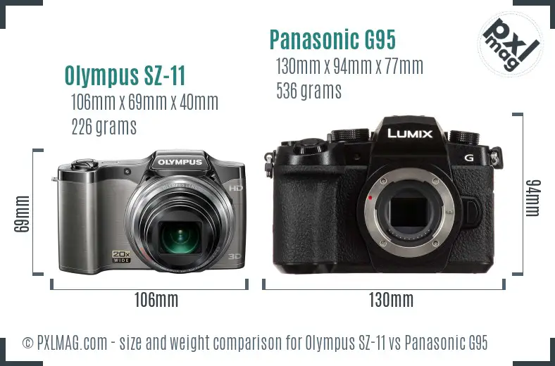 Olympus SZ-11 vs Panasonic G95 size comparison